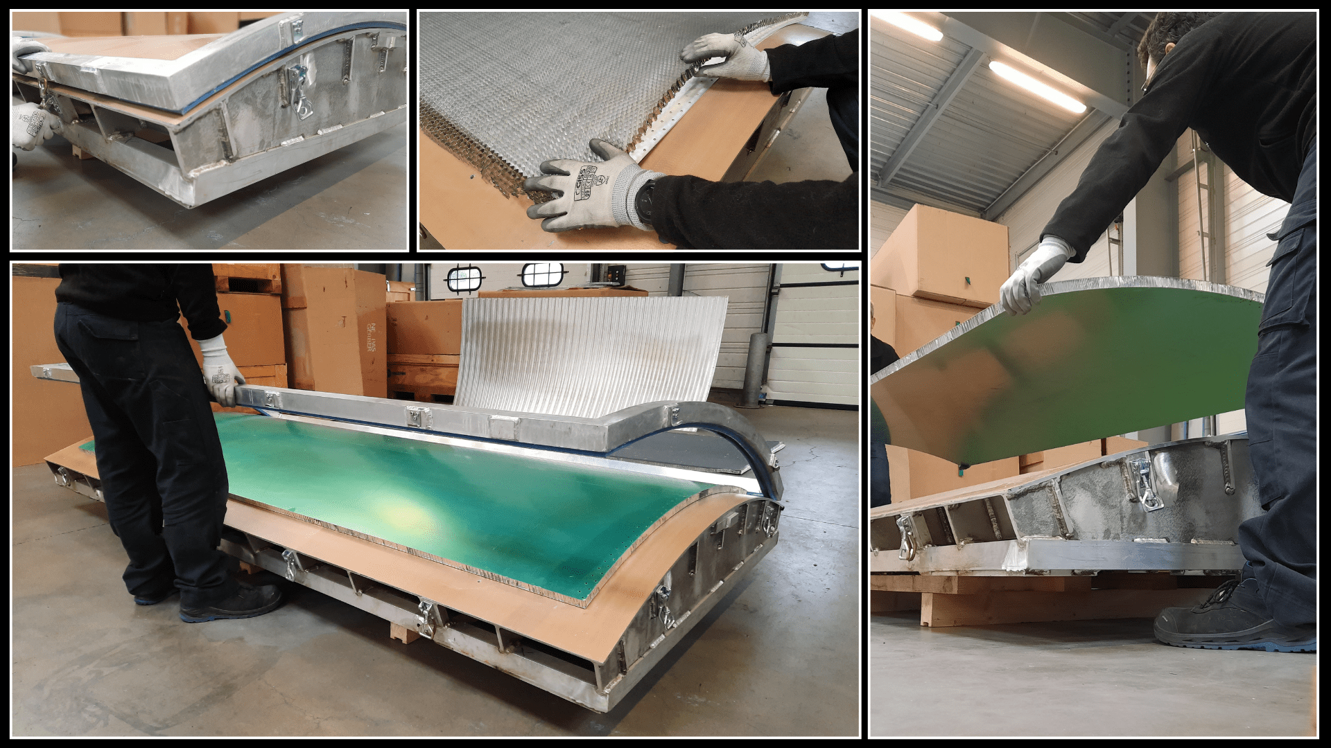 Collage et mise en forme sur outillage d'un panneau sandwich nid d'abeille aluminium

La réalisation de cette structure repose sur un procédé de fabrication rigoureux des panneaux sandwich aluminium, nécessitant une parfaite maîtrise des matériaux, des outillages et des paramètres de transformation.

Les principales étapes comprennent :

le collage du nid d’abeille aluminium entre deux tôles,
la mise en forme sur outillage,
la mise sous vide afin de garantir la qualité d’assemblage,
puis le passage en étuve pour assurer la polymérisation et la stabilisation de l’ensemble.

Chaque étape du procédé joue un rôle essentiel dans l’obtention des performances finales de la structure. La maîtrise de ces opérations permet de garantir la rigidité, la stabilité dimensionnelle et la tenue mécanique des panneaux sandwich utilisés dans cette jupe inter-étage, destinés à des applications spatiales particulièrement exigeantes.